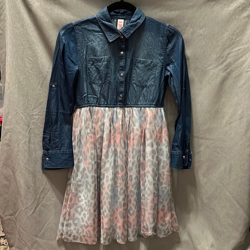 Justice girls denim and leopard dress. Size 12.